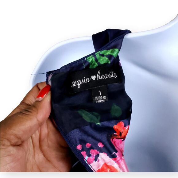 Sequin Hearts Juniors Navy Floral Formal Ball Gown 2-pc SZ 1 NWT - Picture 10 of 11